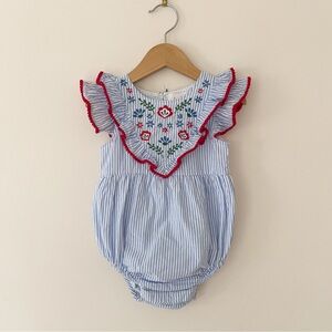 CHEENI EUC Blue & White Striped Floral Embroidered Ruffle Sleeve Bubble